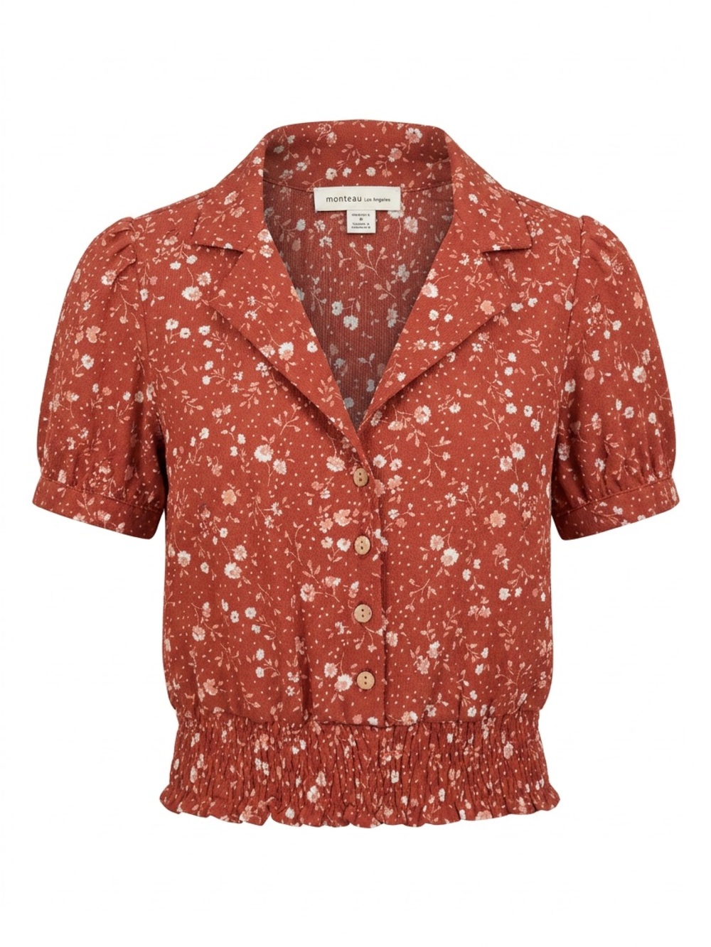 Monteau Rust Floral Button-Down Smocked-Hem Blouse crop top